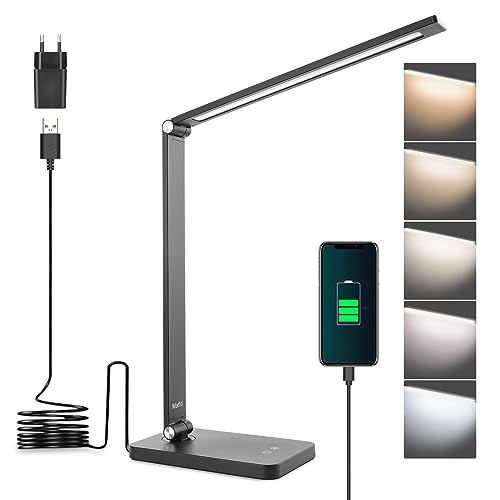 Mafiti Lámpara de escritorio LED, Flexo de Escritorio de 5 * 3 modos de Brillo, Lámpara de Mesa Plegable Control(puerto USB) para Estudiar, Leer-Negro[Clase de eficiencia energética E]