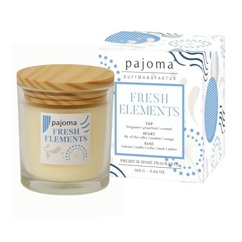 Vela aromática en tarro Fresh Elements, 140 g, con tapa de bambú, 27 horas de combustión, vela aromática intensa, en caja de regalo, bergamota, jazmín y vainilla cálida, decoración de lujo para el