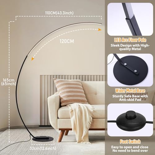 LED Stehlampe Dimmbar Bogenlampe Wohnzimmer, 25W Schwarz Stehleuchte mit Fernbedienung, Modern Bogenleuchte 3 Farbtemperaturen & Memory-Funktion, Ecke Leselampe für Sofa Büro Schlafzimmer, 165CM