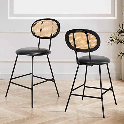 Scurrty Rattan Bar Stool, Counter Height Bar Stools, Indoor Leather Bar Stoolswith Metal Leg & Rattan Backrest, Armless Dining Room Chairs For Kitchens Island (Black, Set Of 1) #TOP1