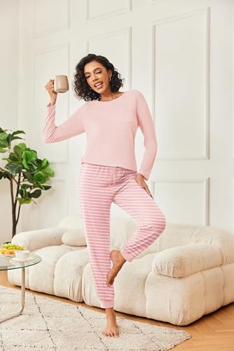 Ekouaer 2 Pack Womens Pajamas Set Long Sleeve Sleepwear Top and Jogger Pants Lounge Sets Cozy Pjs Loungewear S-XXL3
