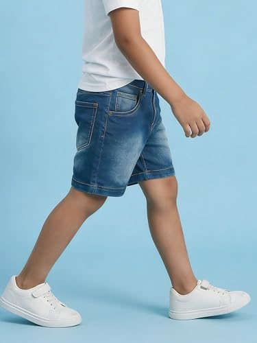 Image of KiddoPanti Boys Knee-Length Denim Shorts | Stretchable Cotton Poly Denim | Comfortable Fit with Button Elasticated Waistband & Zip Fly