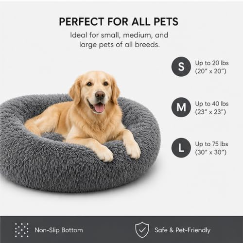 Image of Luxury Plush Dog Bed Small Size for Dogs & Cats, Ultra Soft Calming Donut Pet Bed with Raised Rim and Anti-Slip Base, (Grey)