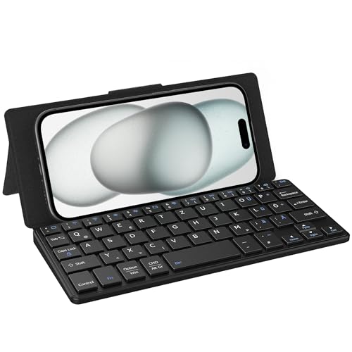 CACOE Mini Bluetooth Tastatur mit Ständer für Handy, Ultraflache Tragbare, Faltbare, Dual-Channel Tastatur mit Stellhalterung für Smartphone und mehr iOS Android Windows, Schwarz