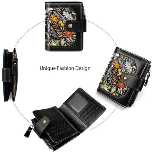 Image of Women Leather Wallet RFID Blocking Small Bifold Zipper Pocket Wallet Card Case Purse with ID Window, Dried Flowers