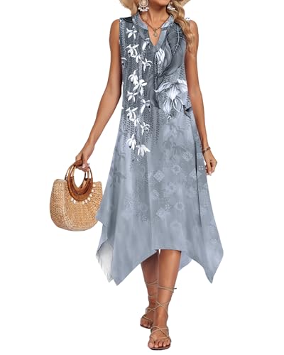 Image of AUSELILY Womens Summer Midi Dress V Neck Sleeveless Casual with Pockets | Flowy womens summer dress with asymmetrical hem, great for beach, vacation and daily wear