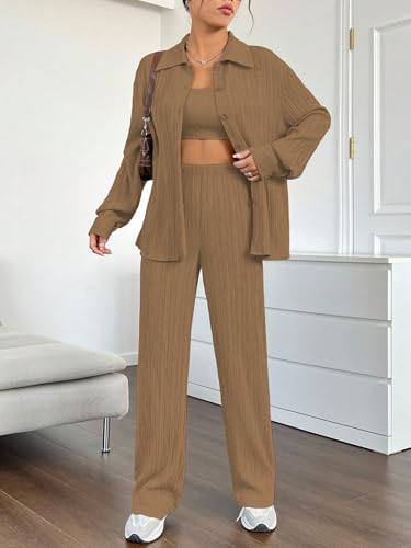 Image of Shasmi Women's 3-Piece Co-ord Set - Solid Button Front Shirt, Strapless Tube Top & Wide Leg Pants | Casual Loose Fit Western Outfit for Daily Spring /Fall Wear (Co-Ord-208)