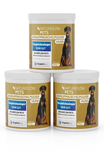 NATUREFLOW **TESTSIEGER** Grünlippmuschel Hund - 1500g natürliches Grünlippmuschelpulver für Hunde zur Unterstützung der Gelenkfunktionen - Grünlippmuschel für Hunde mit Hoher Akzeptanz