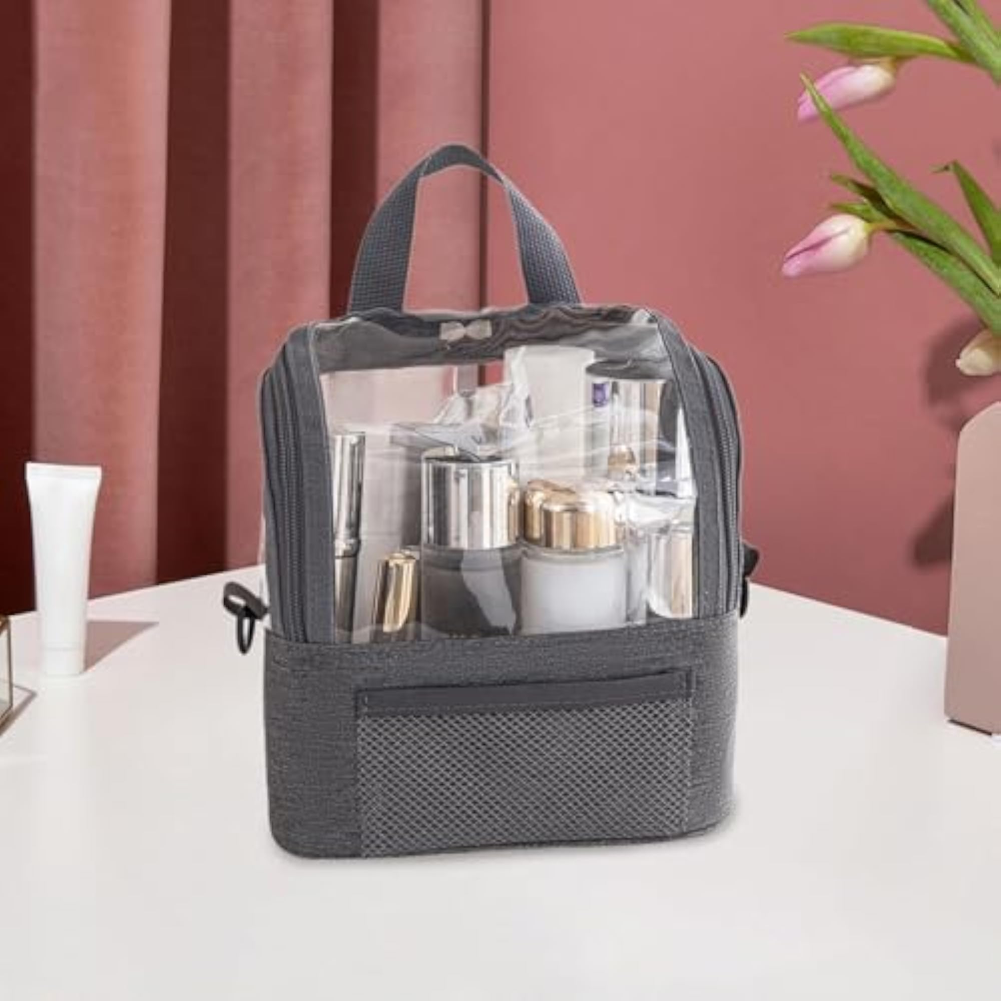 Women's Clear Travel Toiletries Makeup Wash Pouch, Gray