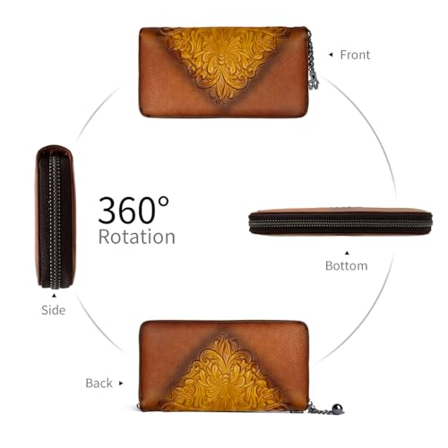 Image of Wallet Genuine Leather for Women - with RFID Blocking Card checkbook ID Slot Large Capacity Vintage style (floral brown)