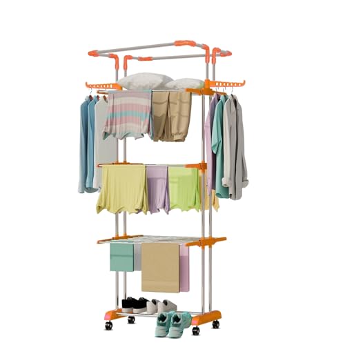 Image of HOUZA Premium Stainless Steel Cloth Dryer Stand with Wheels | Foldable Cloth Stand for Household, Balcony, Home & Outdoor, | Portable & Rustproof (4-Tier)- Orange