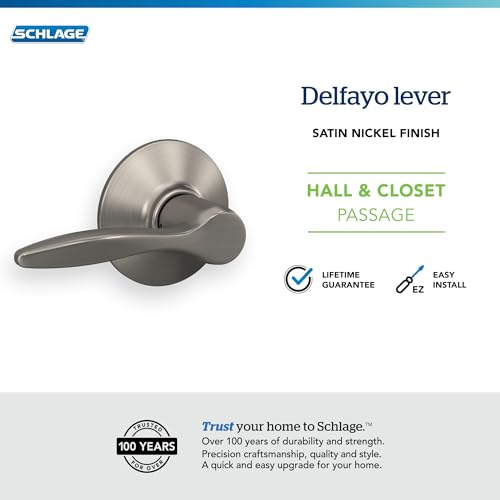 Image of Schlage Delfayo Hall /Closet Passage Door Handle, Reversible, Satin Nickel | Hall or closet lever door handle with no lock, Easy to install, Certified durability, Universal fit
