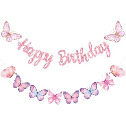 Image of Yajuo Pink Butterfly Birthday Banner, 63 inch x 23.6 inch, Fade Resistant, Lightweight, Women /Girls /Teen Girls