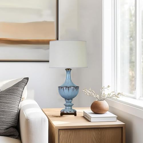 BRRSKBK Blue Glass Coastal Table Lamp 28" Tall Vintage Ceramic Table Lamp Modern Nightstand Lamp Retro Farmhouse Night Desk Light with Drum Shade for Bedroom Living Room End Table Office Decor - Image 4