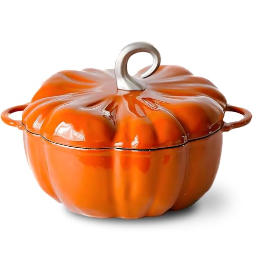 RIQHTIK Olla Holandesa de Hierro Fundido de 4 Cuartos con Tapa y asa Doble, Ideal para guisos, cazuelas y como Regalo Decorativo para Halloween y Acción de Gracias,Naranja