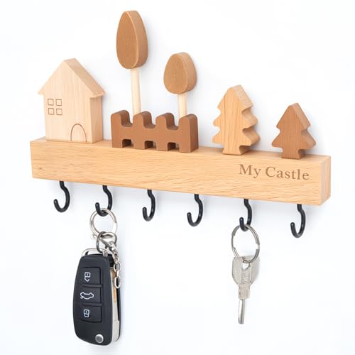 Aquarbor Portachiavi da Parete in Legno, con 6 Ganci Rivestiti, Installabile Senza Chiodi (con Colla Adesiva) o con Foratura. Realizzato Artigianalmente in Legno con Venature Naturali.