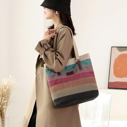 Striped Canvas Tote Bag - Multi-Color Crossbody Shoulder Purse Tote-Handbag for Women2