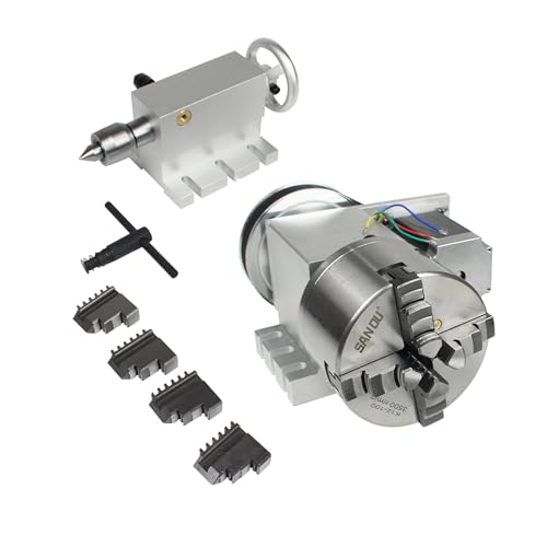 K12-100mm CNC Router Milling Machine Rotational Axis 4th Axis A axis Rotary Table A axis 100mm 4 jaw Chuck Dividing Head with 65mm Tailstock Reducing Ratio 6:1 for CNC Engraving Machine