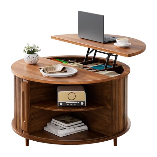 Round Lift Top Coffee Table, 31.5" Fluted Wood Lift Up Center Table with Sliding Door & Hidden Storage – Mid Century Modern Circle Coffee Table for Living Room, Home Office, Apartment (Walnut)