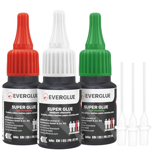 Everglue Juego de superpegamento fino + medio + grueso de 20 g para un pegado preciso y reparaciones rápidas – extra fuerte, secado rápido y líquido sin goteo, superpegamento extra fuerte