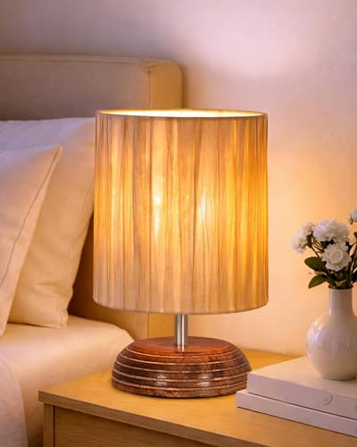 Image of Homesake Wooden Base Table Lamp with Fabric Drum Shade Livra | Warm Ambient Bedside Lamp for Bedroom, Living Room, Study, Office, Modern Classic Night Lamp Home Decor