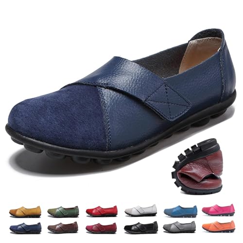 Womens Suede Leather Loafers, Orthopedic Loafers in Breathable Leather Flat Moccasins Driving Shoes Work Office Nursing Shoes (Navy,5)