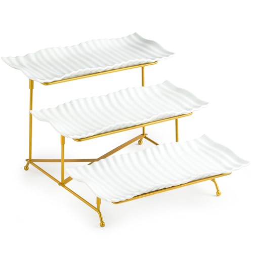 LAUCHUH 3 Tier Trays Stand, Porcelain Serving Trays Collapsible Sturdier Stand Serving Platters Dessert Table Display Set for Indoor Mother's Day Party, Entertaining, Gold, 12.2 Inch