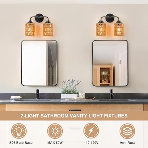 Image of Boho Bathroom Light Fixtures, 2-Light Rustic Vanity Lights Over Mirror | Hand-woven Rattan Wicker Shades, Farmhouse Rustic Vanity Lighting for Bedroom Bathroom Hallway Restroom
