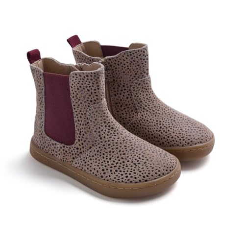 GIOSEPPO Bota Barefoot niña en color burdeos con detalle print y mix de textura en piel y textil, suela TPR flexible y plantilla textil extraíble. Puntera ancha para una pisa natural.