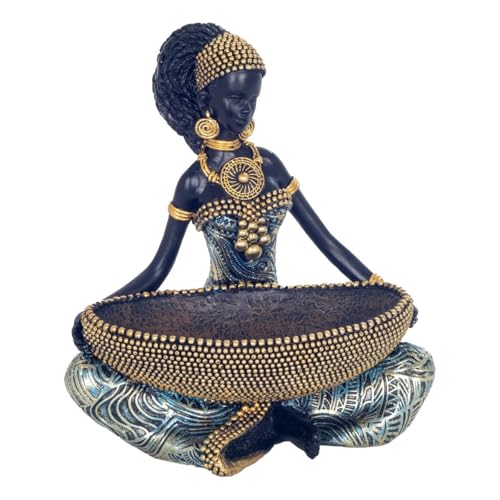 Générique Statue Décorative Africaine, Vide-Poche en Résine, Femme avec Panier, Style Oriental, 16 x 14 cm, Bleu et Or