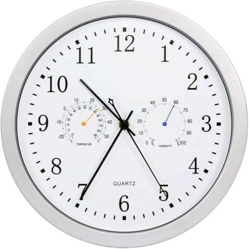 Zxyler 12インチ(直径30cm)シルバー掛け時計 電波自動修正機能付き 屋内屋外両用 防水防塵 湿度温度計内蔵 高精度時刻表示 デザイン性豊か 家庭・ガーデン・ベランダ・オフィス向け