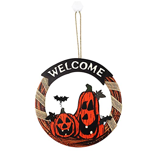 Décoration suspendue de citrouille d'Halloween et panneau de bienvenue en bois pour porche extérieur