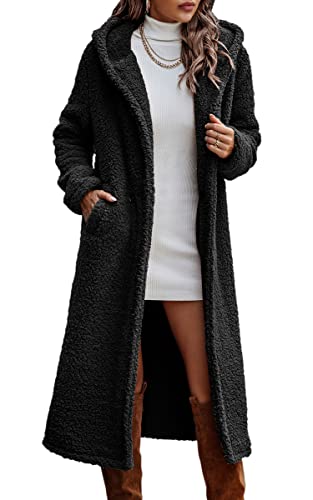 ASOMI Herbst-Winterjacke Damen Lang Warm Fleecejacke Langarm Herbst Wintermantel Kapuzenjacke mit Taschen Schwarz Small Cover