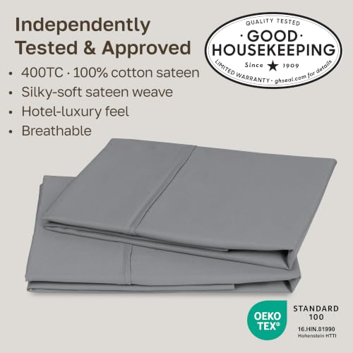Image of California Design Den King Size Pillow Cases Set of 2-400 Thread Count, 100% Cotton Sateen, Soft and Breathable King Pillow Case Pair - Slate Gray