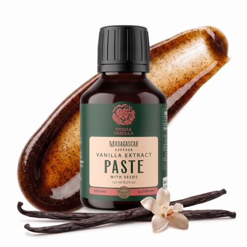 Prema Vanilla Premium Pasta de vainilla de Madagascar con semillas, 125ml | Hecha con vainas Grado A, alternativa sin alcohol al extracto, pasta cremosa de aroma intenso y look gourmet