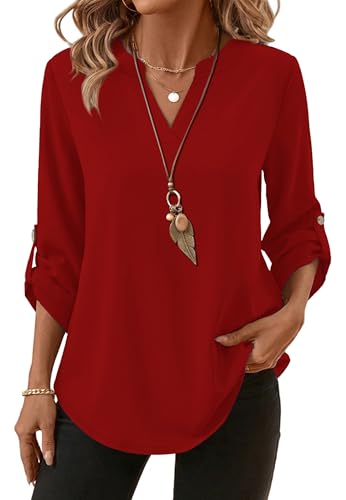 Image of XIEERDUO 3 /4 Length Sleeve Womens Tops V Neck T Shirts Both Side Buttons Blouses Business Casual Outfits Loose Fit