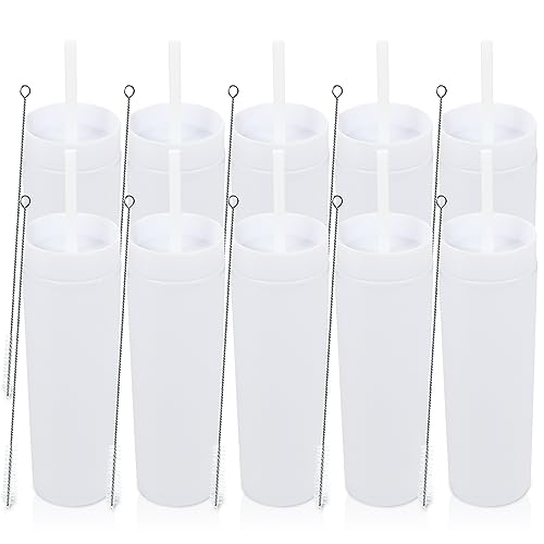 Volhoply 16oz Plastic Skinny Tumblers Bulk 10 Pack,Double Wall Tumbler with Lid and Straw,BPA Free Matte Acrylic Iced Coffee Cups with Straw,480ML Reusable Cute Mug for Parties,DIY Gift(White,10 Set