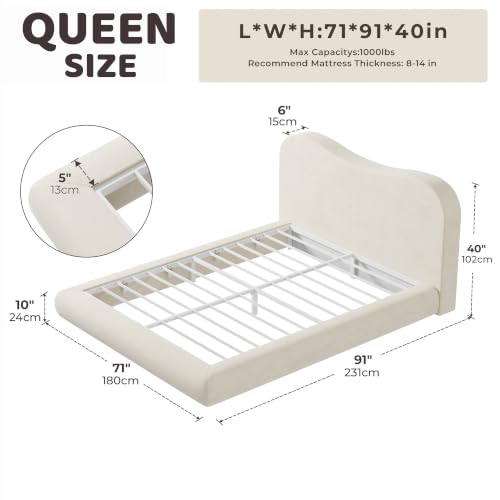 Image of RECCI AirFrame Queen Upholstered Bed Frame with Camelback Curved Headboard | Camelback Curved Headboard, 360 Soft Foam Surround, Low Profile Cloud Bed Frame, No Box Spring Required, Easy Assembly