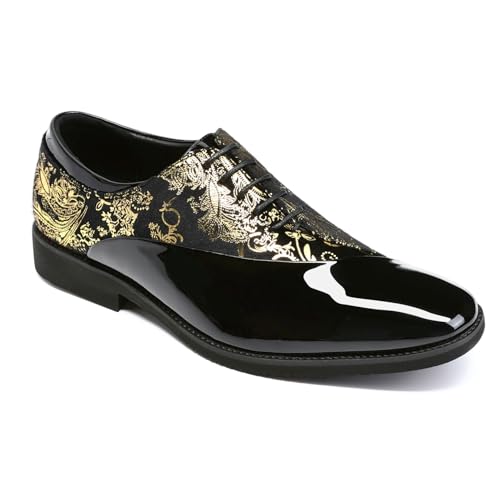 AUSTIN MILL Mens Classic Formal Oxford Lace-up Patent Velvet Shoe for Men Wedding Suit Tuxedo Dress Shoes Black-Gold
