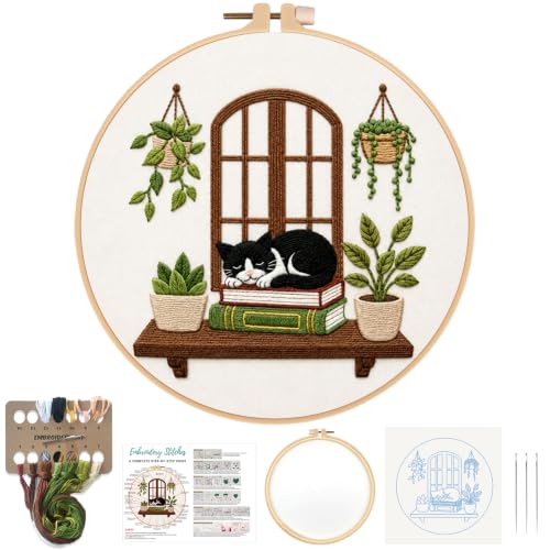 Image of Nuberlic Embroidery Kit for Beginners Stamped Black Cat | Includes Printed Fabric, Hoop, Threads, Needles And Guide Needlework Kit DIY Wall Decor, Gifts And Relaxing Art