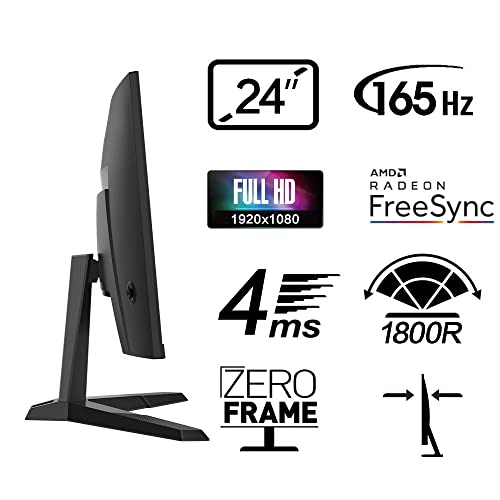 Hkc 24 Inch 144Hz/165Hz Curved Gaming Monitor, Fhd 1080P Frameless Computer Monitor, Support Amd Freesync, Eye Cared, Vesa Compatible, Dp Hdmi,Black,Tilt Adjustable,3 Years Warranty #TOP1