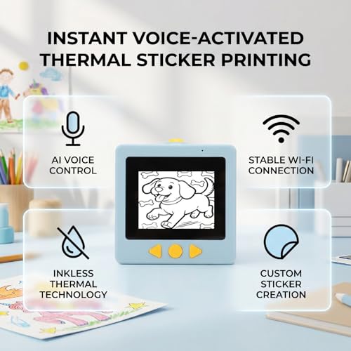 Image of Jiawu Smart AI Voice Sticker Printer, 2.4G WiFi AI Voice Powered Sticker Maker with 2.4Inch HD Screen, 2Paper Rolls & 6Colored Pencils, Mini Thermal Printer for Home, Study
