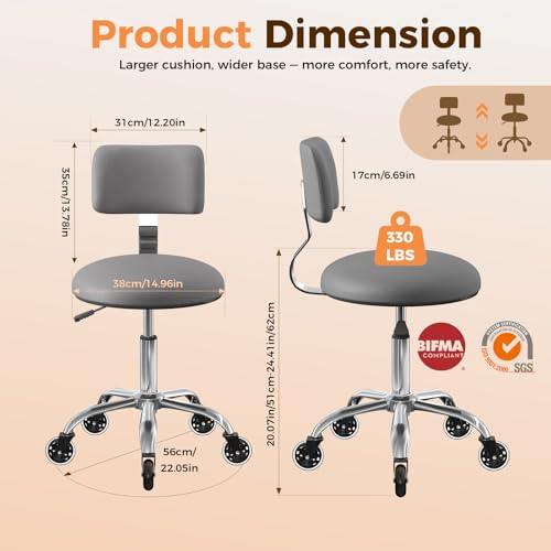 Image of Rolling Stool Chair with Wheels, Office Drafting Chair with Back Support, Height Adjustable Standing Desk Stool with PU Leather Cushion for Home Office Kitchen Vanity Salon Garage Tattoo Dentist, Grey
