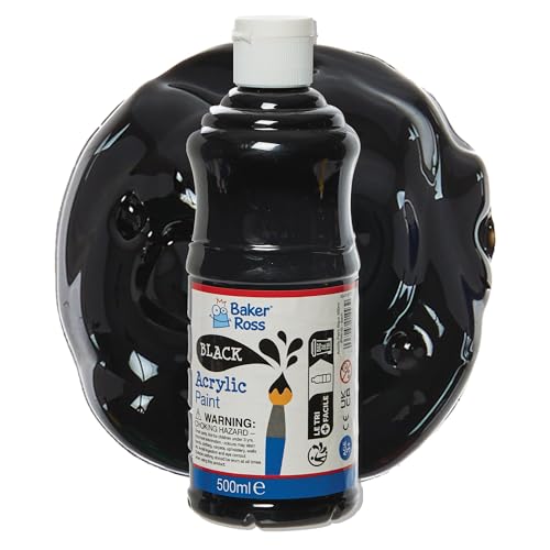 Baker Ross FN510 Black Acrylic Paint - Pack of 1 Bottle 500ml Gloss Finish Waterproof Wood Canvas Craft Painting