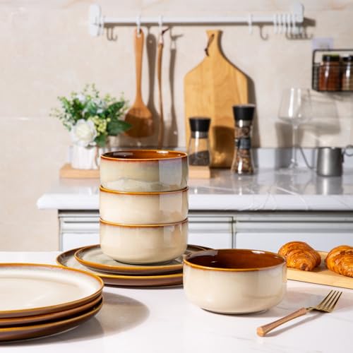 Image of LeRatio Ceramic Dinnerware Sets for 6,Poreclain Plates and Bowls Sets,Handmade Reactive Glaze Dishes Set,Chip Resistant and Scratch Resistant | Oven&Dishwasher & Microwave Safe)-Kahki(18PCS)