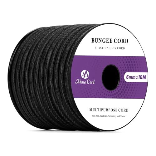 Abma Cord Bungee Cord 6mm 10M Elastic Shock Cord 100% Stretch Elastic Bungee Rope for Tarpaulin, Backpack, Tent Pole, Kayak - Black