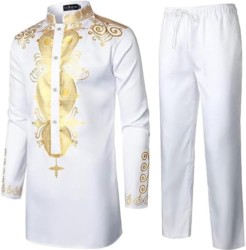 Costume Africano Uomo A 2 Pezzi – Camicia Dashiki Con Pantaloni E Stampa Dorata – Abito Tradizionale Per Eventi E Tempo Libero
