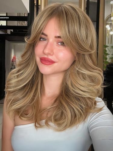 WIGNEE Peruka dla kobiet z naturalnymi falami, średnia długość - warstwy włosów popielaty blond - syntetyczna peruka z grzywką - odporna na ciepło i bez kleju