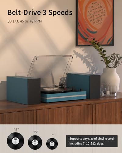 Image of Record Player for Vinyl with External Speakers Belt-Drive Turntables for Vinyl Records Dual Stereo Speakers LP Vinyl Players 3 Speed Wireless AUX-in Headphone Auto Stop New Sleek Stylish Blue