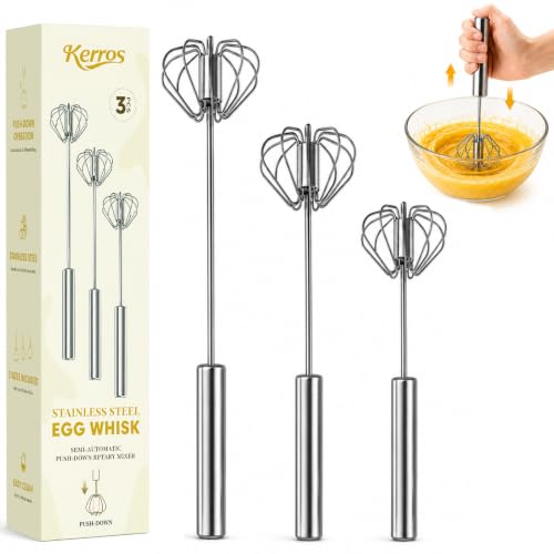 Kerros Semi Automatic Whisk Set, Stainless Steel Egg Beaters, 3 Pack